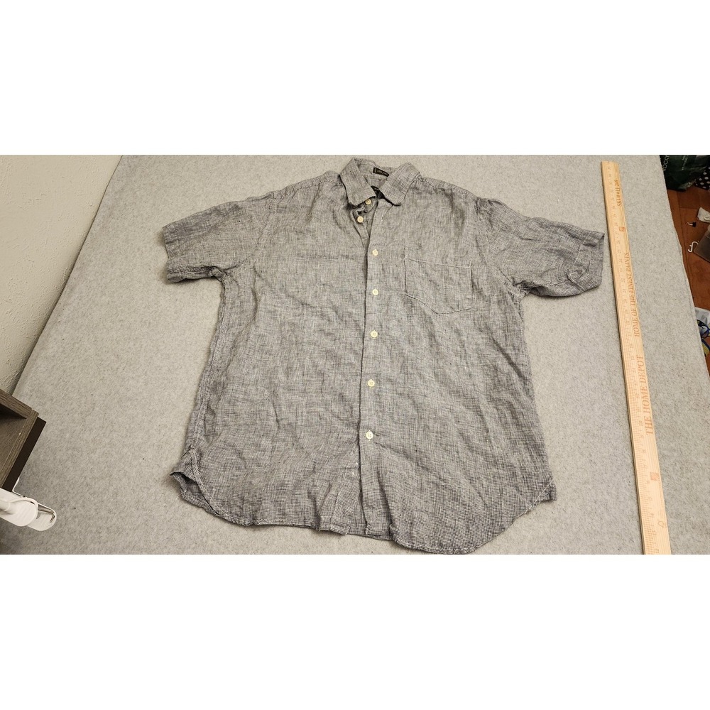 Orvis Signature Collection Shirt Mens Large Gray Houndstooth Linen Short Sleeve